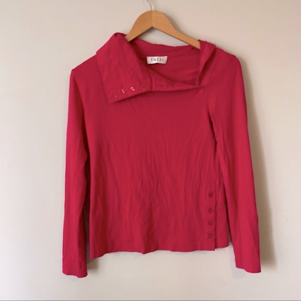Tuzzi women’s asymmetrical split drape cowl button detail long sleeve top - S/M